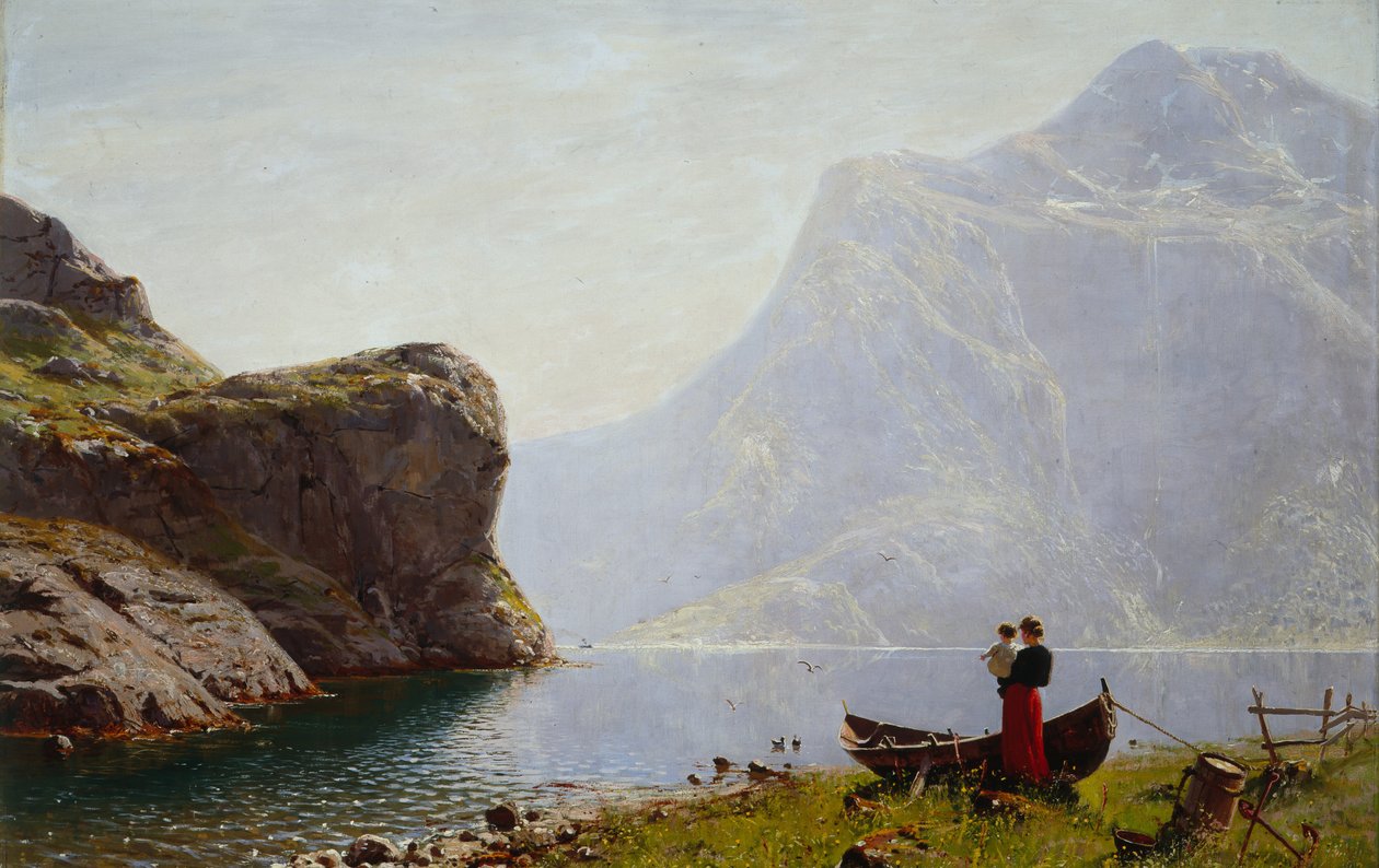 Kobieta i dziecko przy Fjord Bank (olej na płótnie) autorstwa Hans Andreas Dahl