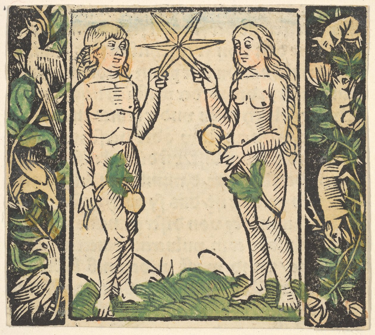 Adam i Ewa trzymający gwiazdę, ilustracja z Decided Gart des Rosary Mariae. autorstwa Hans Baldung