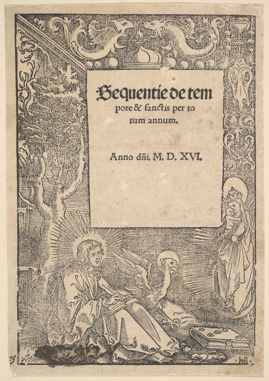 Św. Jan Ewangelista na Patmos, strona tytułowa z Hymni de tempore et de sanctis, 1516 autorstwa Hans Baldung