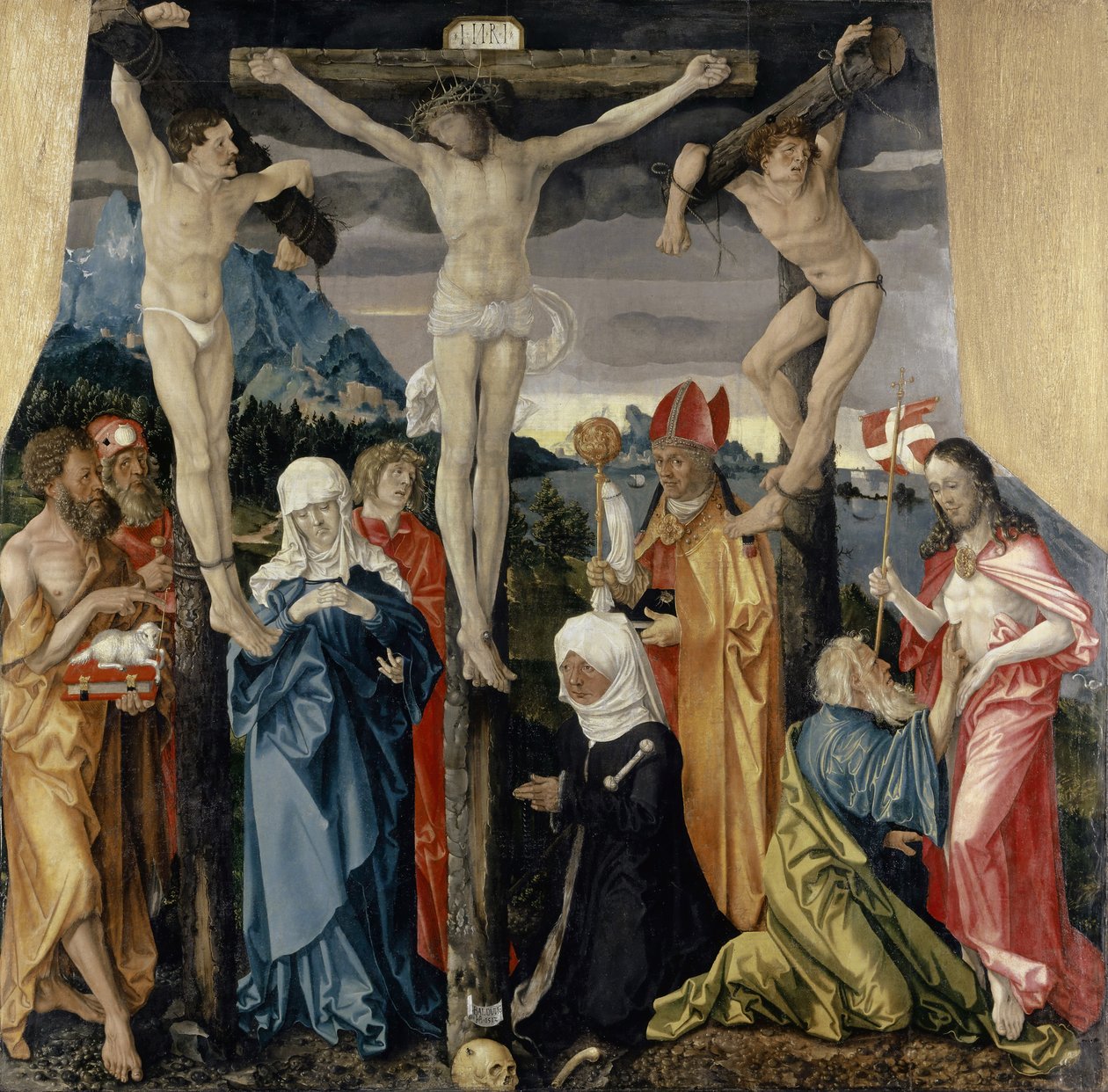 Chrystus ukrzyżowany ze złodziejami, świętymi i kobietą-dawczynią, 1512 autorstwa Hans Baldung Grien