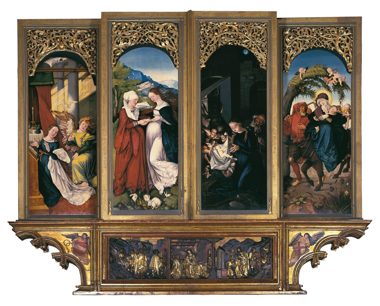 Sceny z życia Matki Boskiej: Zwiastowanie, Nawiedzenie, Narodzenie i Ucieczka do Egiptu. Obraz na drewnie Hansa Baldung dit Grien (1485-1544) Ołtarz katedry Matki Bożej we Fryburgu Freiburg im Breisgau, Niemcy (obraz na w autorstwa Hans Baldung Grien