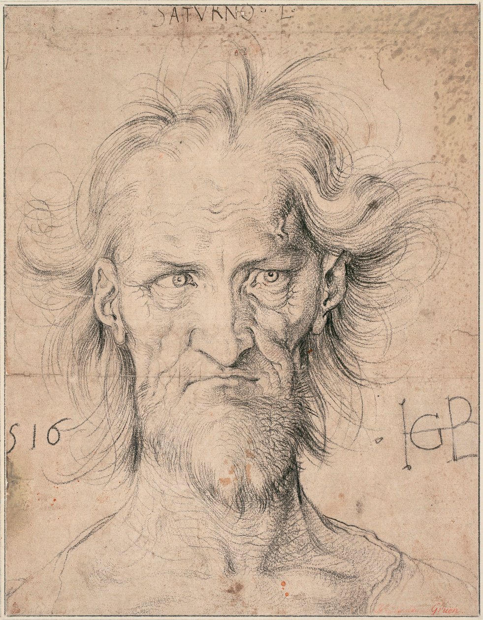 Głowa brodatego starca, Saturn (Głowa brodatego starca ""Saturn"") - Rysunek Hansa Baldunga (1484-1545), czarna kreda na papierze autorstwa Hans Baldung Grien