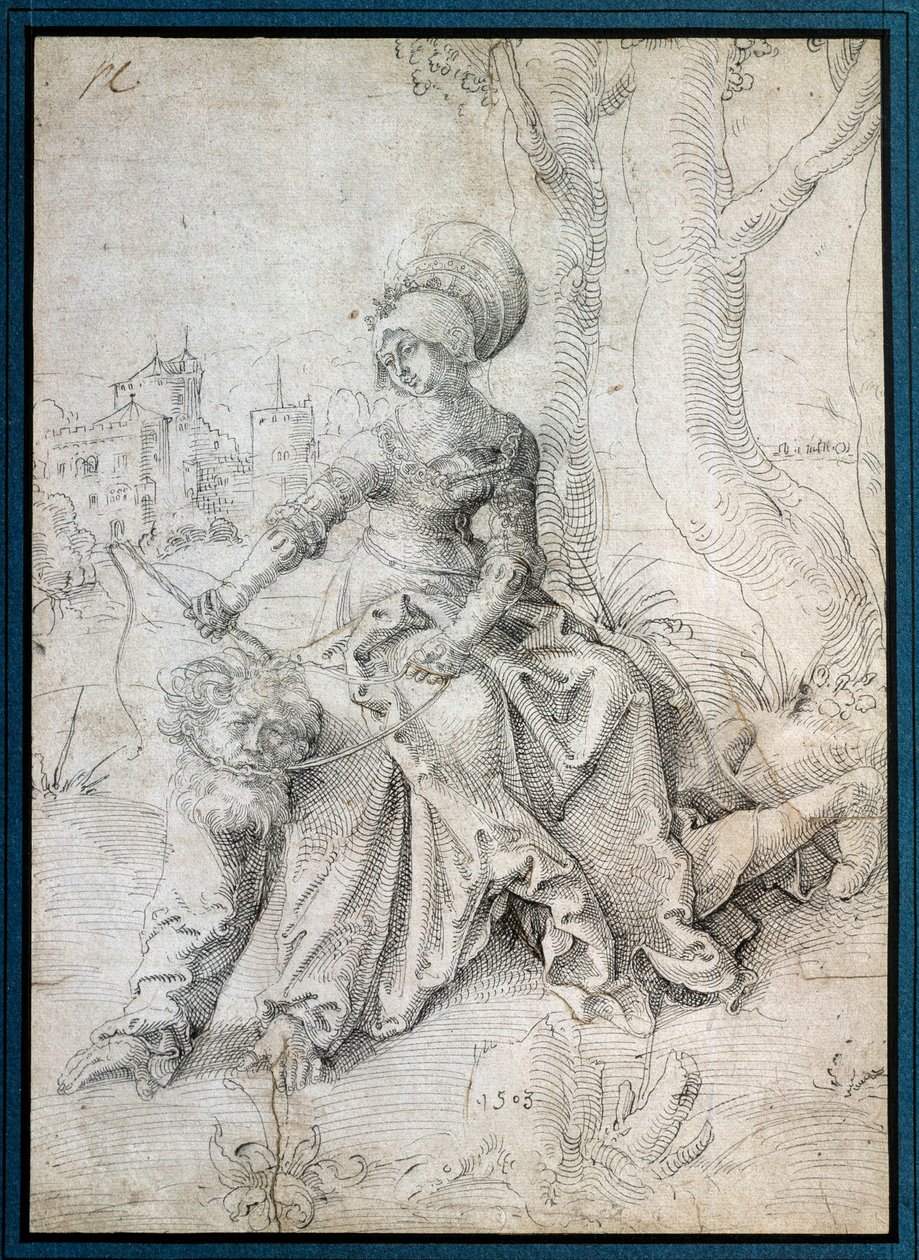 Kobieta dosiadająca mężczyzny: Phyllis siedząca na grzbiecie Arystotelesa, który chodzi na czworakach. Rysunek Grien Hans Baldung (1484-1545) Ec. Wszystko. autorstwa Hans Baldung Grien