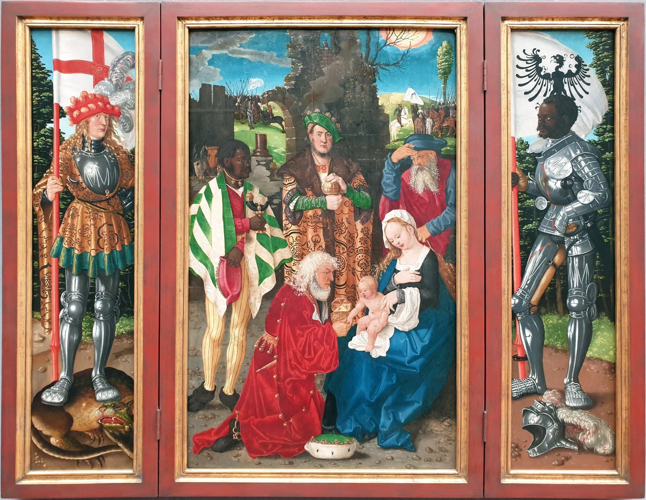 Ołtarz Trzech Króli
Po lewej: Święty Jerzy
Środek: Adoracja Królów

Po prawej: Święty Maurycy autorstwa Hans Baldung Grien