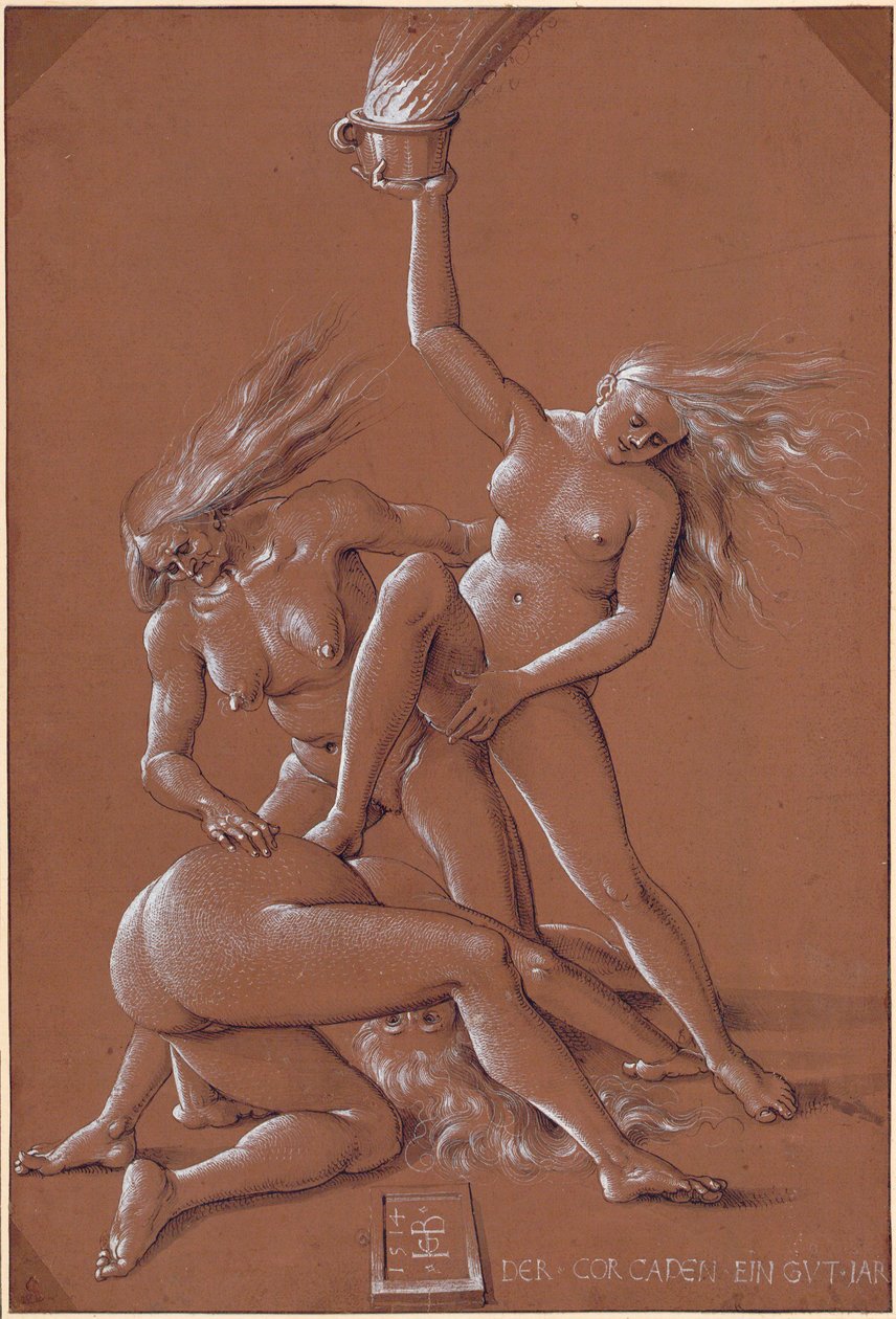 Noworoczne powitanie z trzema wiedźmami - grafika Hansa Baldunga (1484-1545) tuszem i białą kredą na papierze autorstwa Hans Baldung Grien