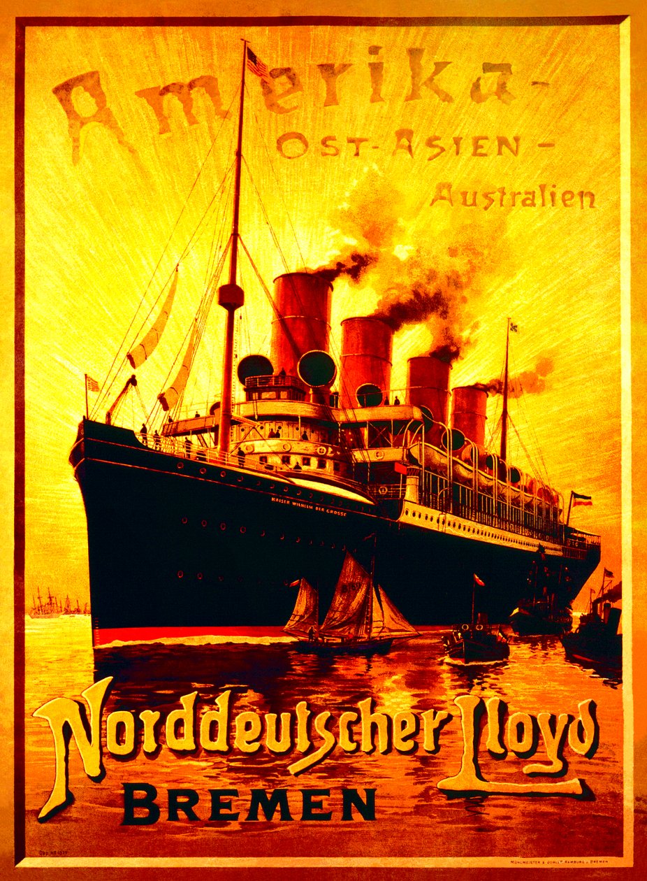 „Ameryka – Azja Wschodnia – Australia”, plakat reklamujący północnoniemiecką linię Lloyd Line autorstwa Hans Bohrdt