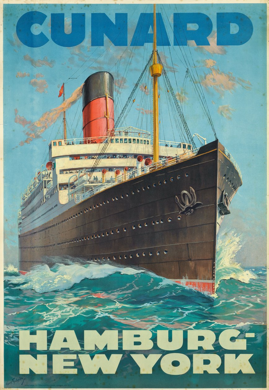 Plakat reklamujący podróż między Hamburgiem a Nowym Jorkiem z firmą przewozową Cunard (kolorowa litografia) autorstwa Hans Bohrdt