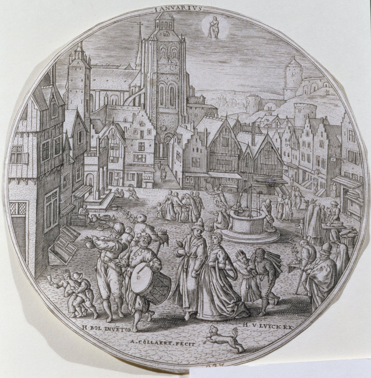 styczeń, ukazujący mieszczan obchodzących Dwunastą Noc na rynku w Bergen, z zestawu dwunastu „Miesiąców roku”, rytowanych przez Adriaena Collaerta (1560-1618) autorstwa Hans Bol