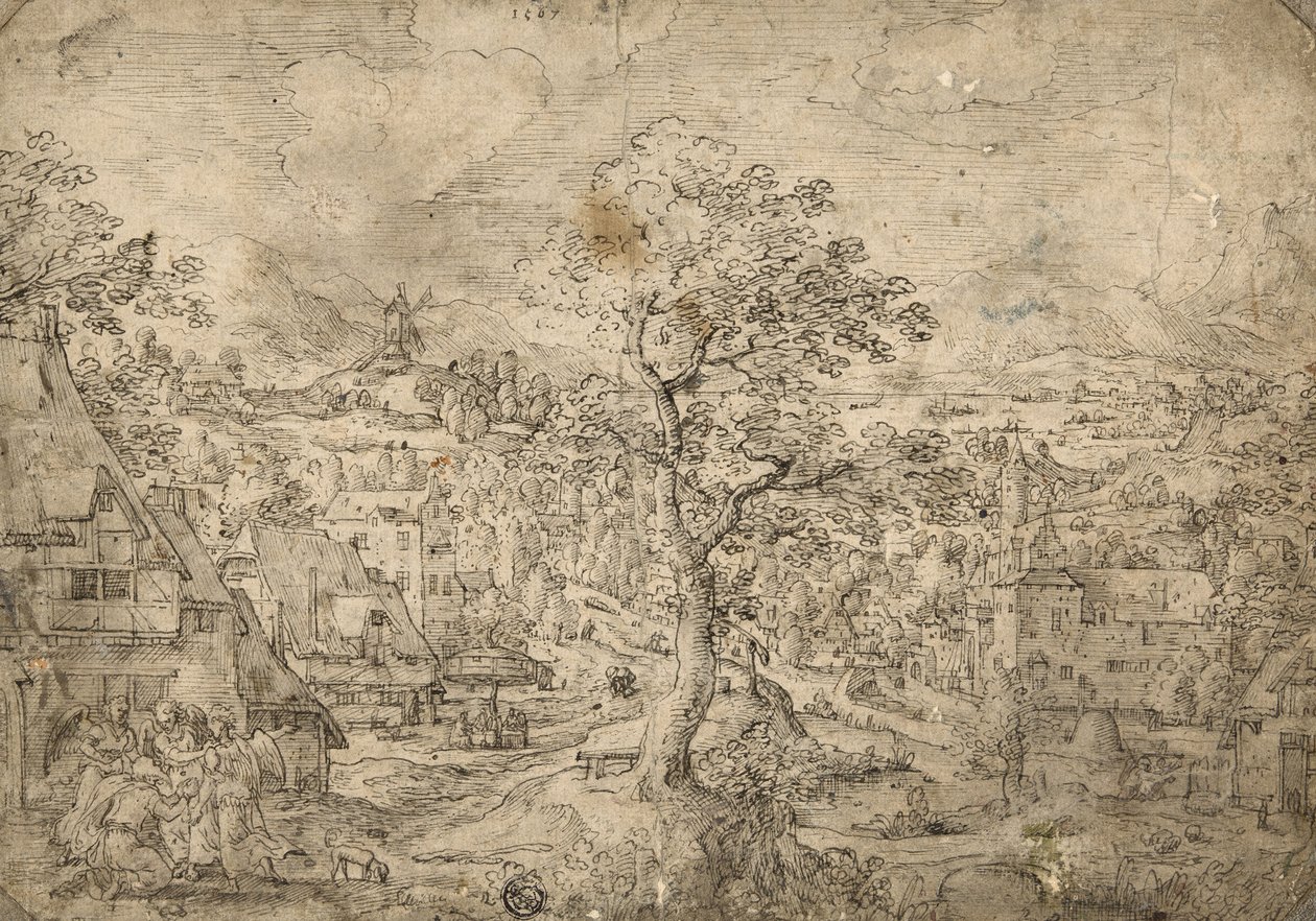 Krajobraz z Abrahamem i Aniołami, 1567 autorstwa Hans Bol