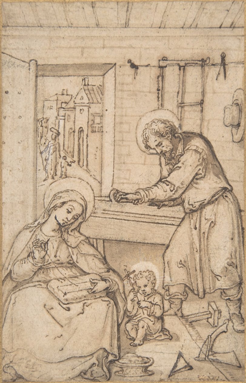 Dzieciństwo Chrystusa w warsztacie stolarskim, 1534-93. autorstwa Hans Bol.