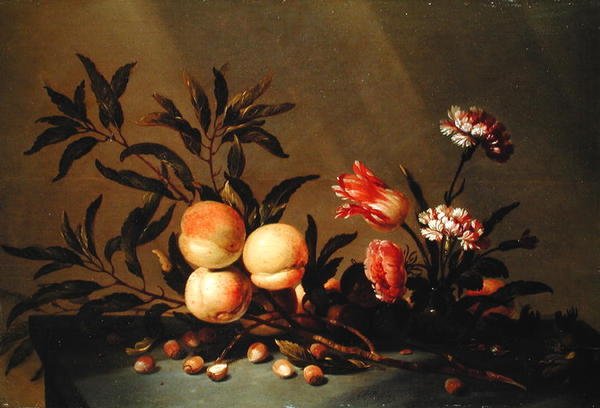 Martwa natura z brzoskwiniami i kwiatami, 1641 autorstwa Hans Bollongier
