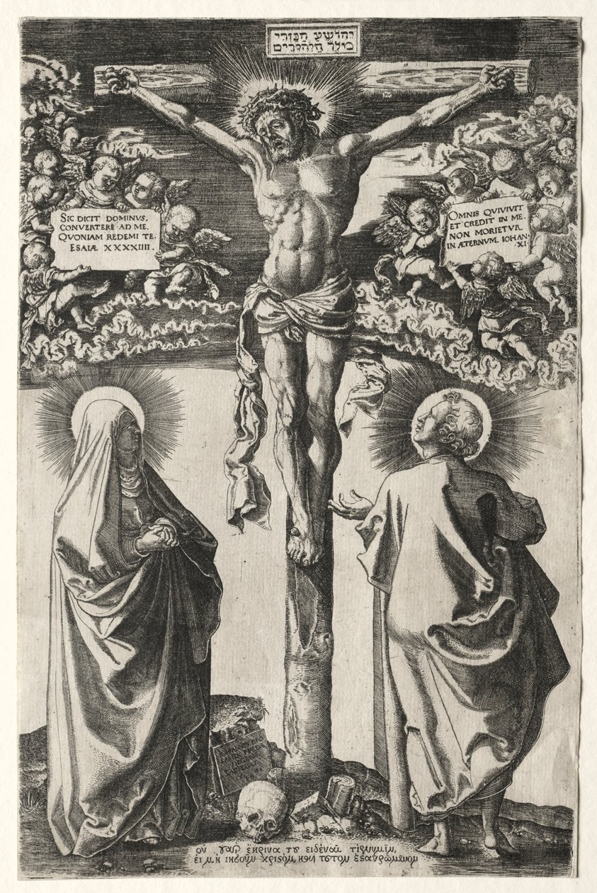 Chrystus na krzyżu między dziewicą a św. Janem, 1542. autorstwa Hans Brosamer
