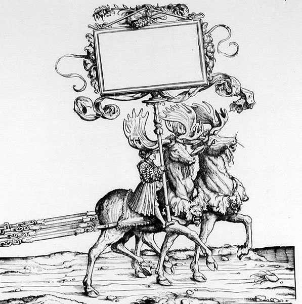 Para jeleni prowadzących powóz, z procesji triumfalnej Maksymiliana, ok. 1516-18 autorstwa Hans Burgkmair