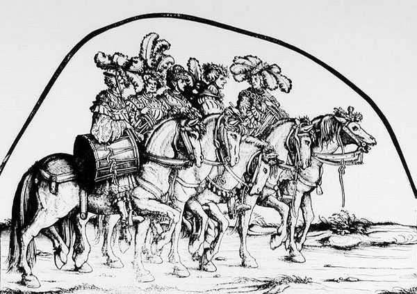 Grupa bębniarzy z procesji triumfalnej Maksymiliana, ok. 1516-18 autorstwa Hans Burgkmair