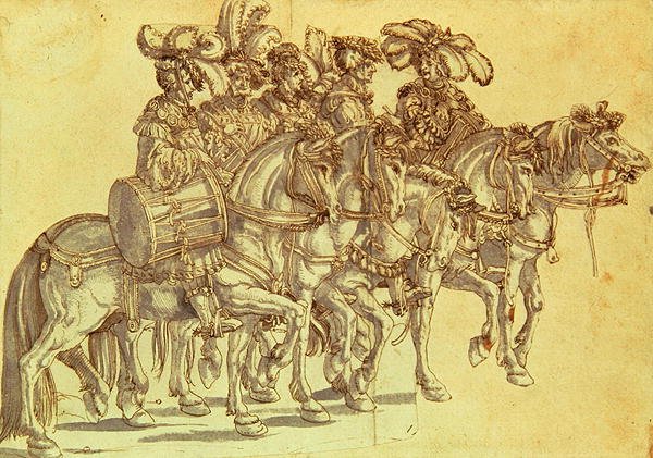 Pięciu perkusistów na koniu, ok. 1500 (pióro i atrament oraz pranie na papierze) autorstwa Hans Burgkmair