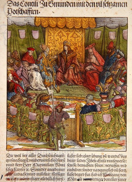 Rada Gmunden z ważnymi gośćmi z zagranicy, z „Der Weisskunig”, ok. 1515 (drewno ręcznie kolorowane) autorstwa Hans Burgkmair