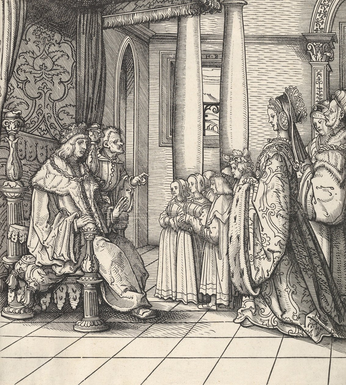 Biały król przyjmujący swoją córkę Małgorzatę i dzieci króla Filipa, z Der Weisskunig, 1514-16 autorstwa Hans Burgkmair