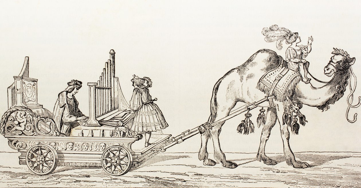 Organista Paul Hofhaimer grający w powozie ciągniętym przez wielbłąda z „El Mundo Ilustrado”, wydanego w Barcelonie, 1880 r. autorstwa Hans Burgkmair