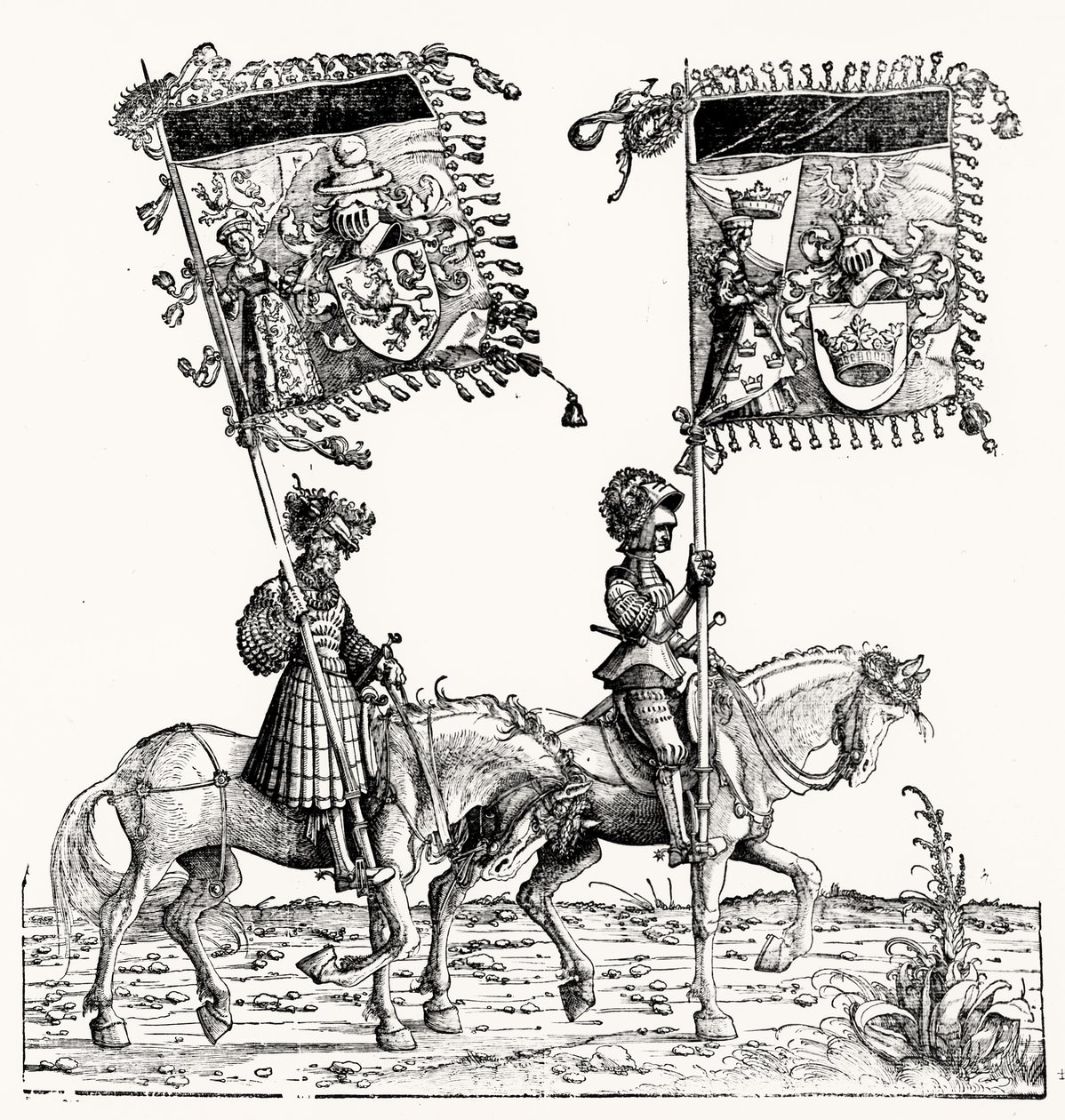 Dwóch rycerzy konnych, z procesji triumfalnej Maksymiliana, ok. 1516-18 autorstwa Hans Burgkmair