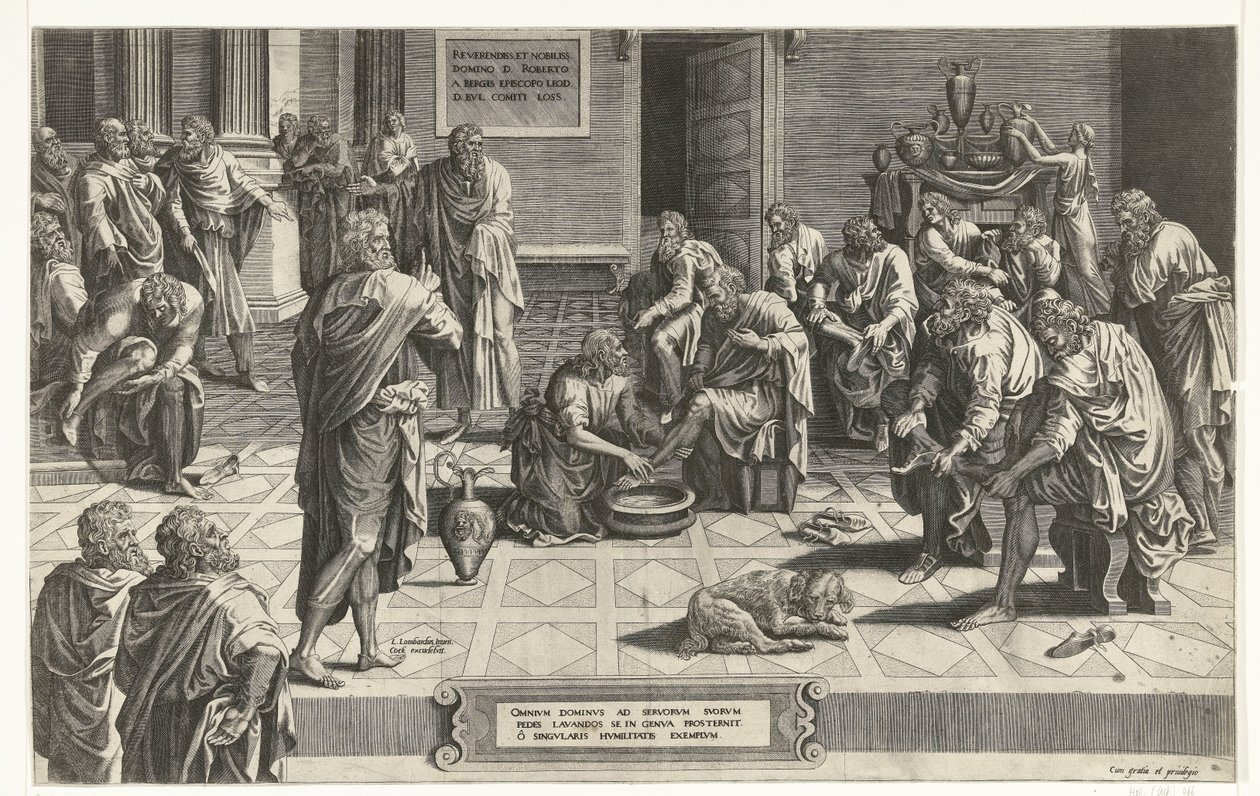Chrystus wasst de voeten van de discipelen Pan wszystkich pada na kolana, aby umyć nogi swoim sługom, przykład szczególnej pokory (tytuł na przedmiocie) autorstwa Hans Collaert (I) (attributed to)