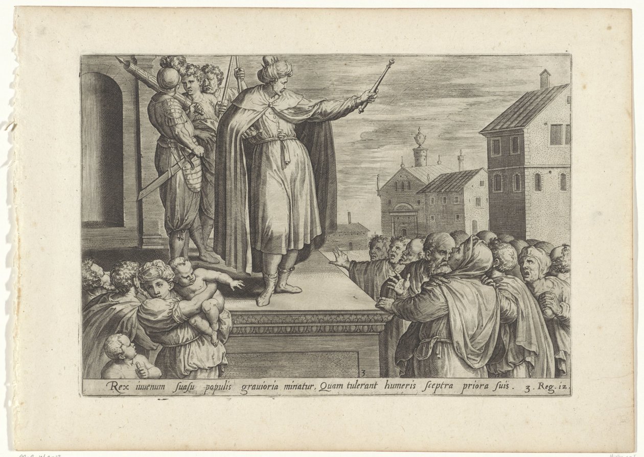 Rechabeam antwoordt het volk Geschiedenis van Jeroboam en Rechabeam (tytuł serii) Skarbnica świętych historii Starego Testamentu (...) (tytuł serii) autorstwa Hans Collaert (I) (attributed to)