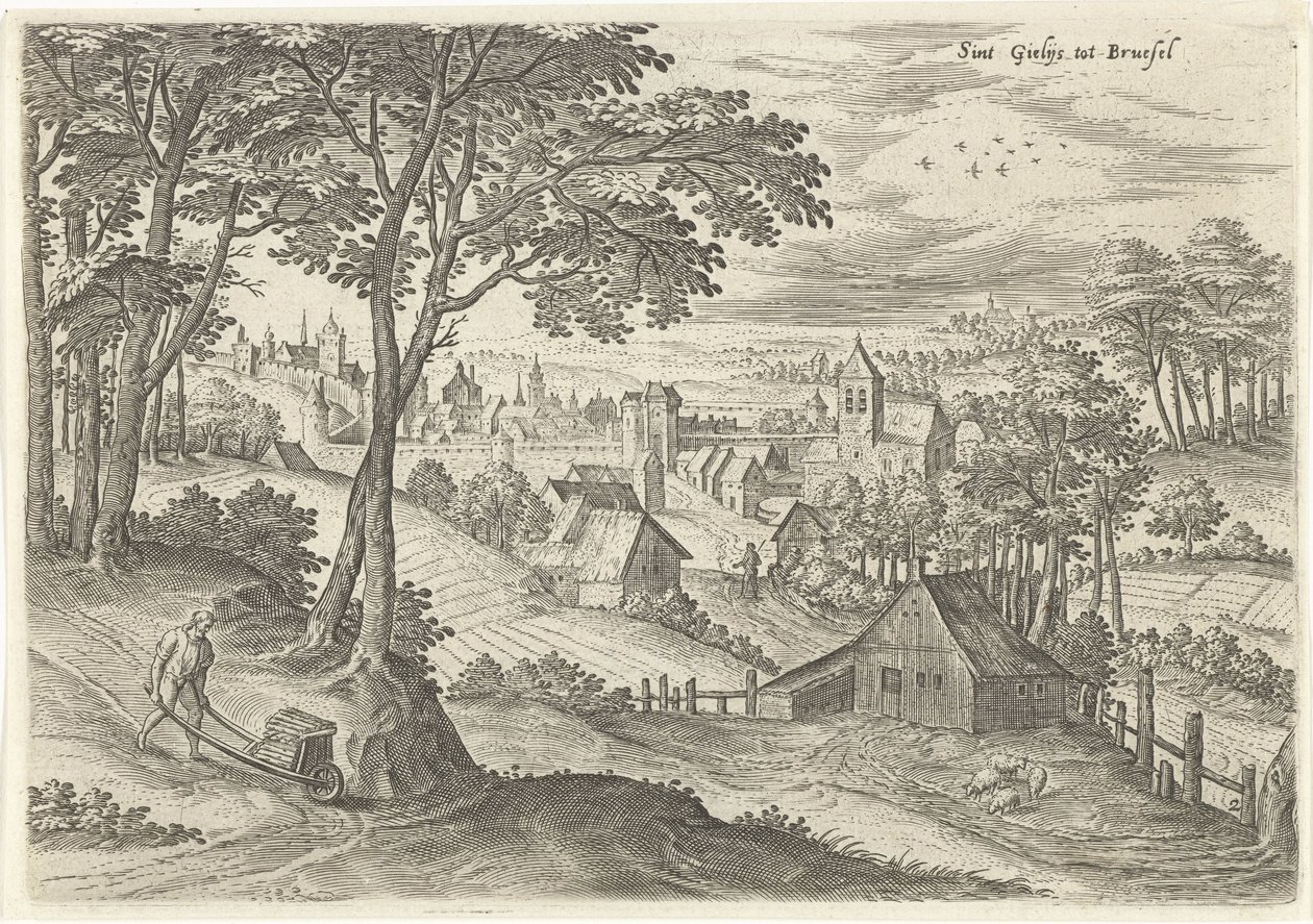 Widok Saint-Gilles Sint Gielijs do Brukseli (tytuł na obiekcie) Zabytki z okolic Brukseli (tytuł serii) autorstwa Hans Collaert (I)