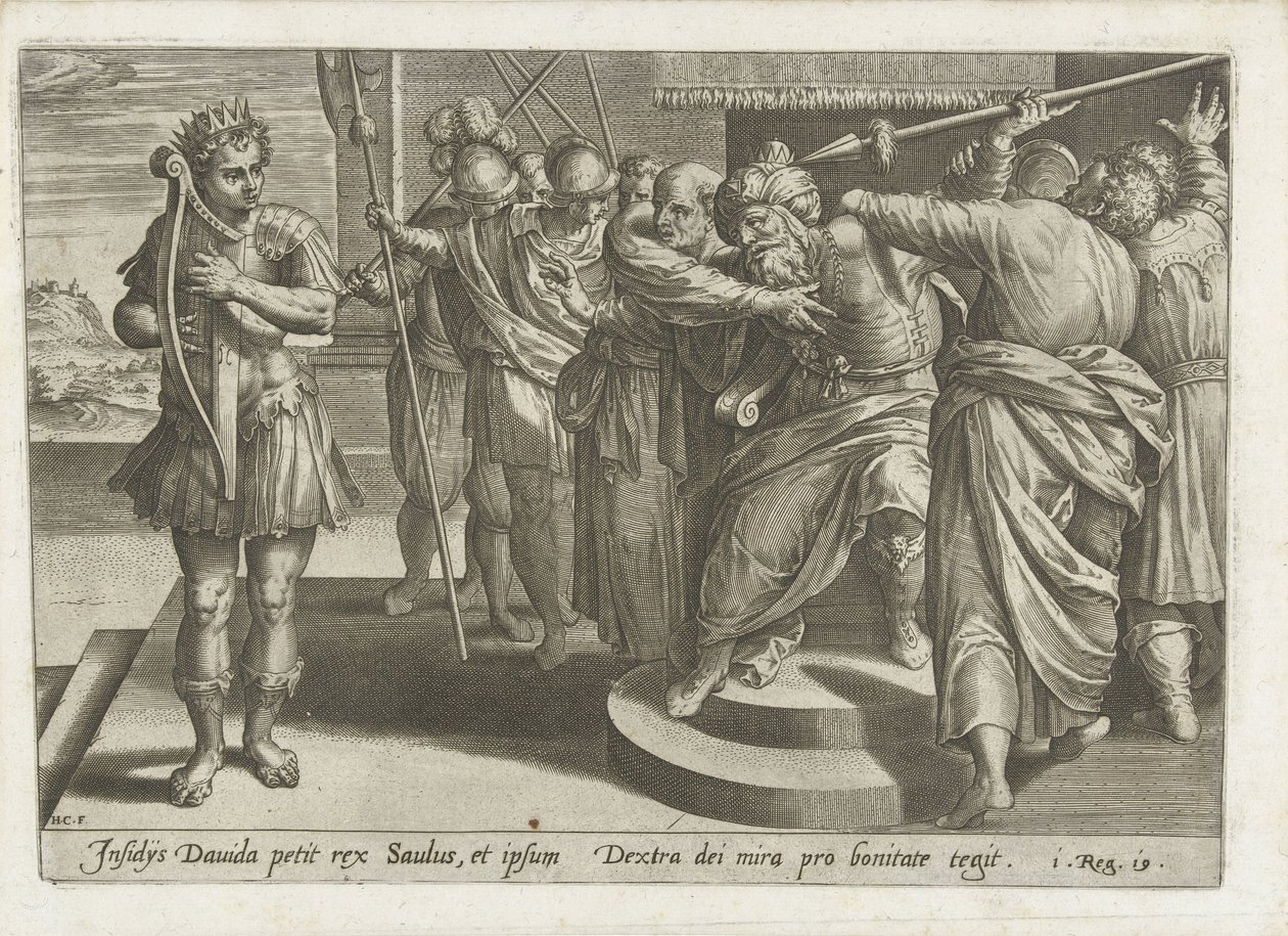 Saul próbuje zabić Dawida Dawid i Saul (tytuł serii) autorstwa Hans Collaert (I)