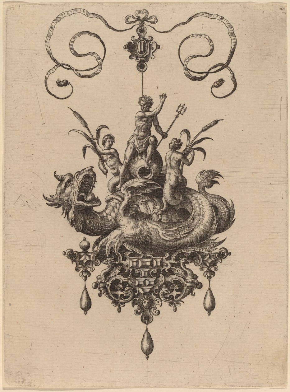 Projekt wisiorka z potworem morskim niosącym Neptuna otoczonym przez dwie nereidy autorstwa Hans Collaert the Elder
