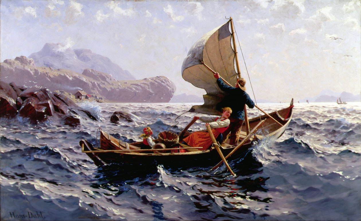 Norweska łódź rybacka, niedaleko Bergen (olej na płótnie) autorstwa Hans Dahl