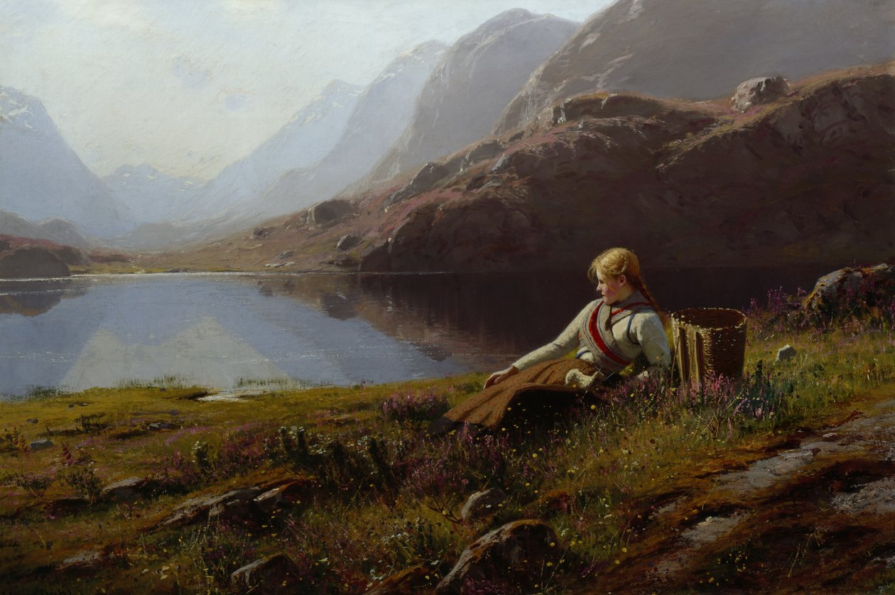 Dziewczyna na drutach nad górskim jeziorem (olej na płótnie) autorstwa Hans Dahl