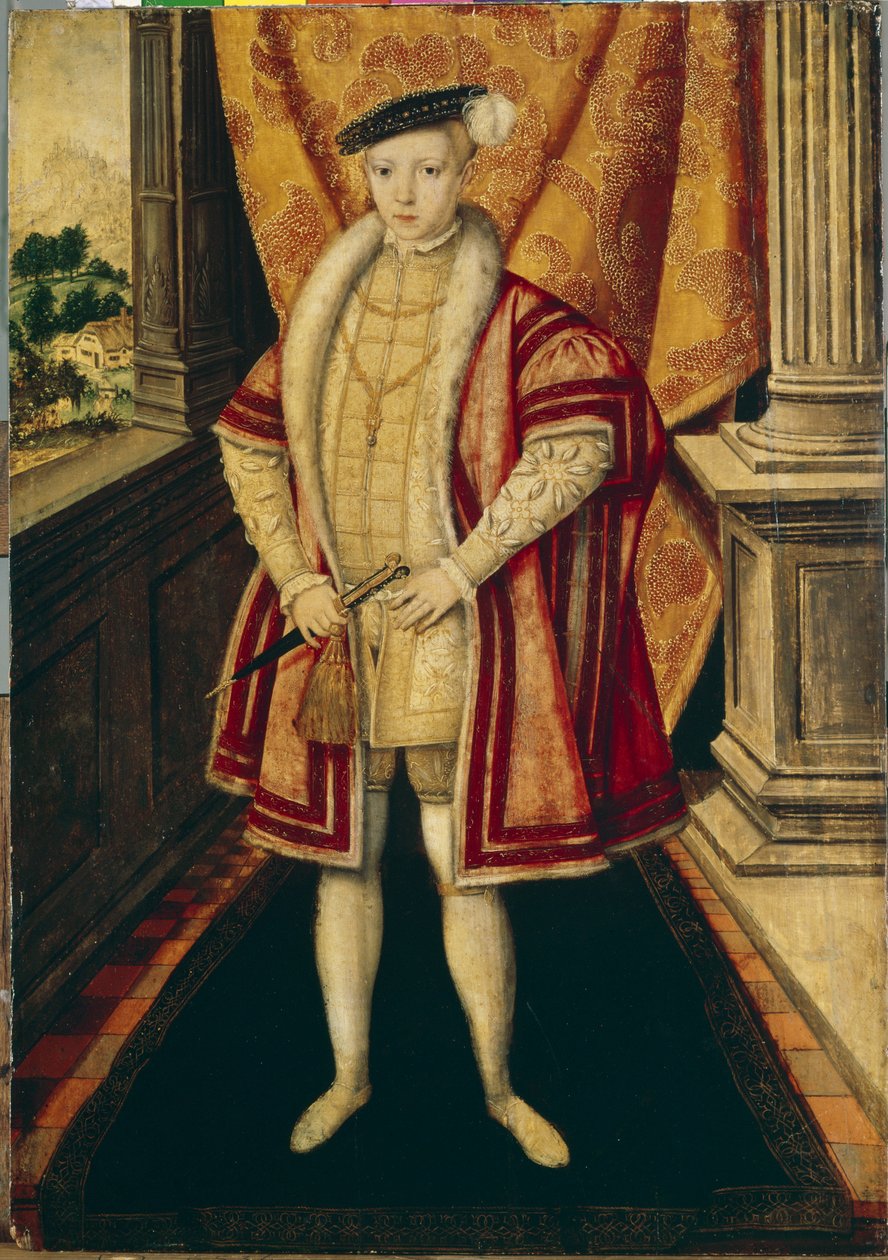 Portret króla Edwarda VI (1537-1553) Anglii i Irlandii (Portret króla Anglii Edwarda VI). trzeci władca dynastii Tudorów, był pierwszym władcą protestanckim, który wstąpił na tron. Obraz Hansa Ewortha (Ewouts) (około autorstwa Hans Eworth or Ewoutsz