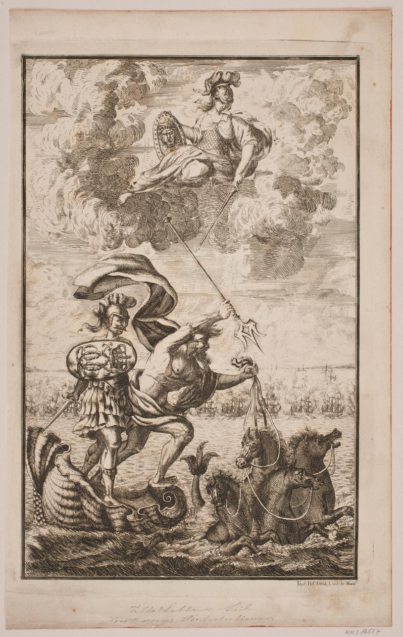 Neptun pędzi nad morzem. Strona tytułowa Fontenay, „Söe-Evolution”; Kopenhaga 1743 autorstwa Hans Henrich Christian Ulrich