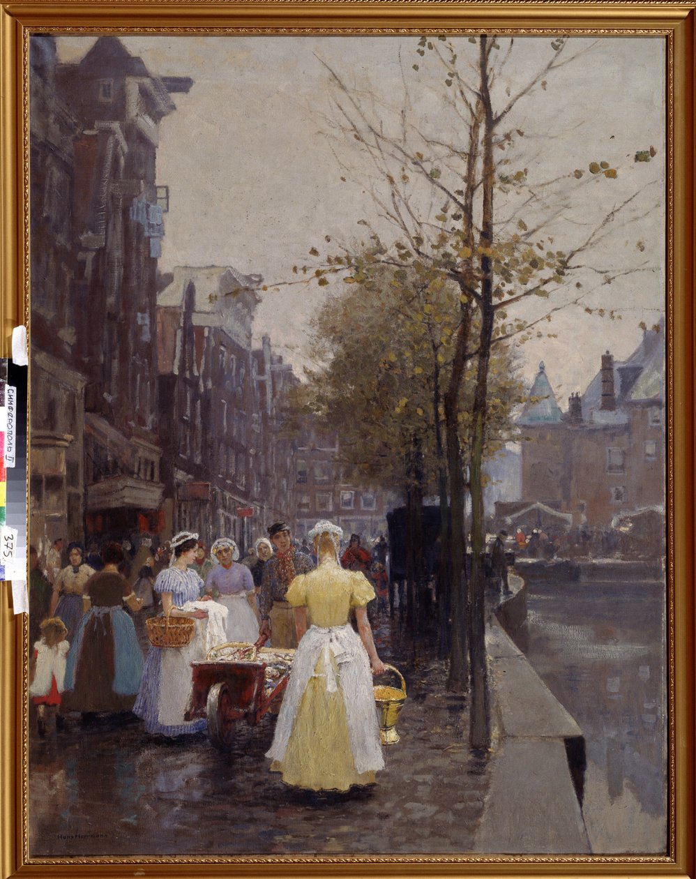 „Październikowy poranek na ulicach Amsterdamu” (Październikowy poranek w Amsterdamie) Służba jest zajęta na ulicach. Obraz Hansa Hermanna (1813-1890) XIX-wieczne Regionalne Muzeum Sztuki, Symferopol Ukraina autorstwa Hans Hermann