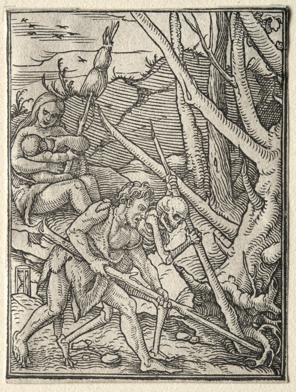 Taniec śmierci: Adam uprawiający ziemię. autorstwa Hans Holbein