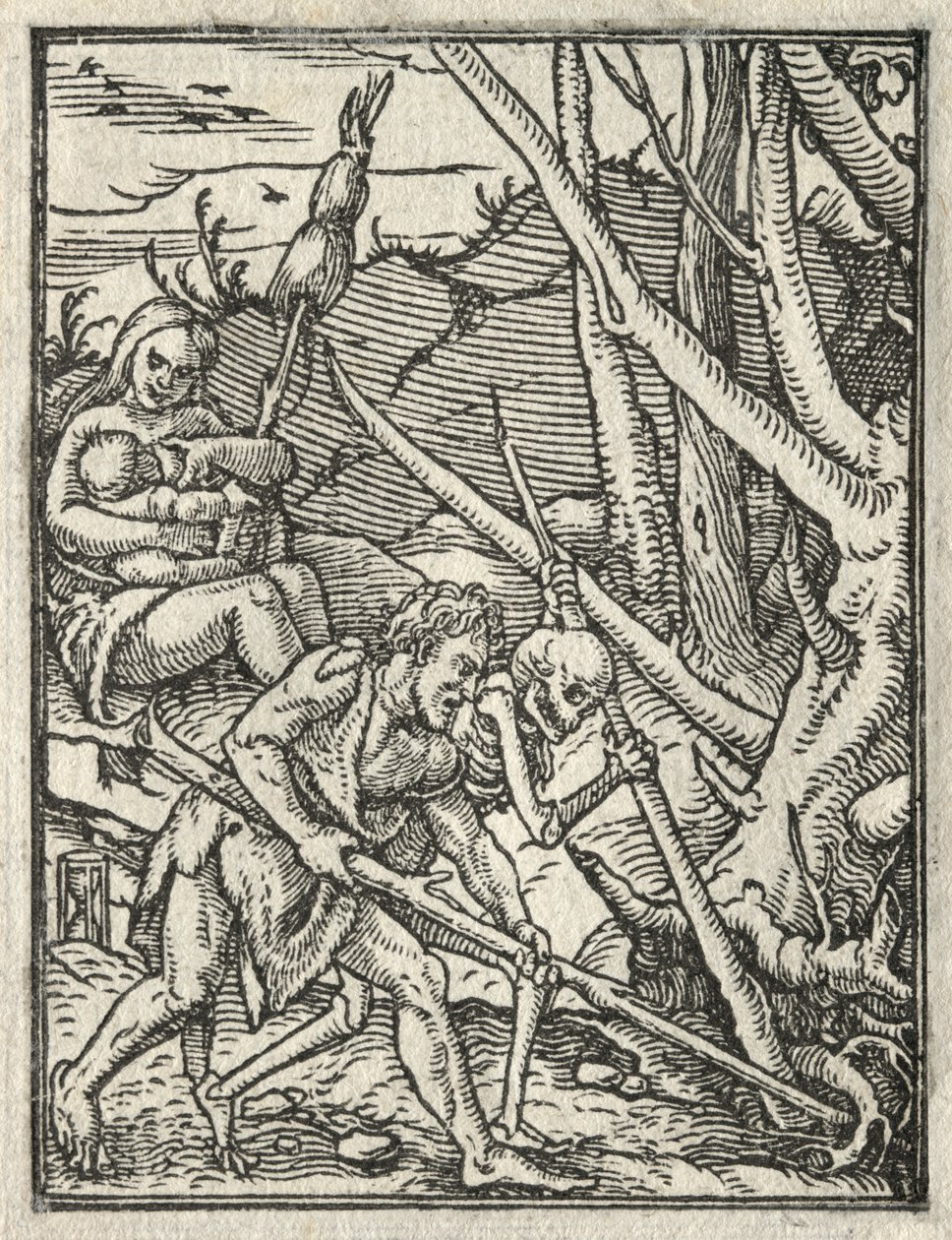 Taniec śmierci: Wypędzenie z raju; Adam uprawia ziemię autorstwa Hans Holbein