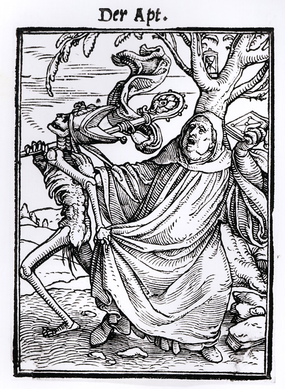 مرګ او ایبټ، د "مرګ نڅا" څخه، د هانس لوتزلبرګر لخوا نقاش شوی، c.1538 پولی autorstwa Hans Holbein der Jüngere