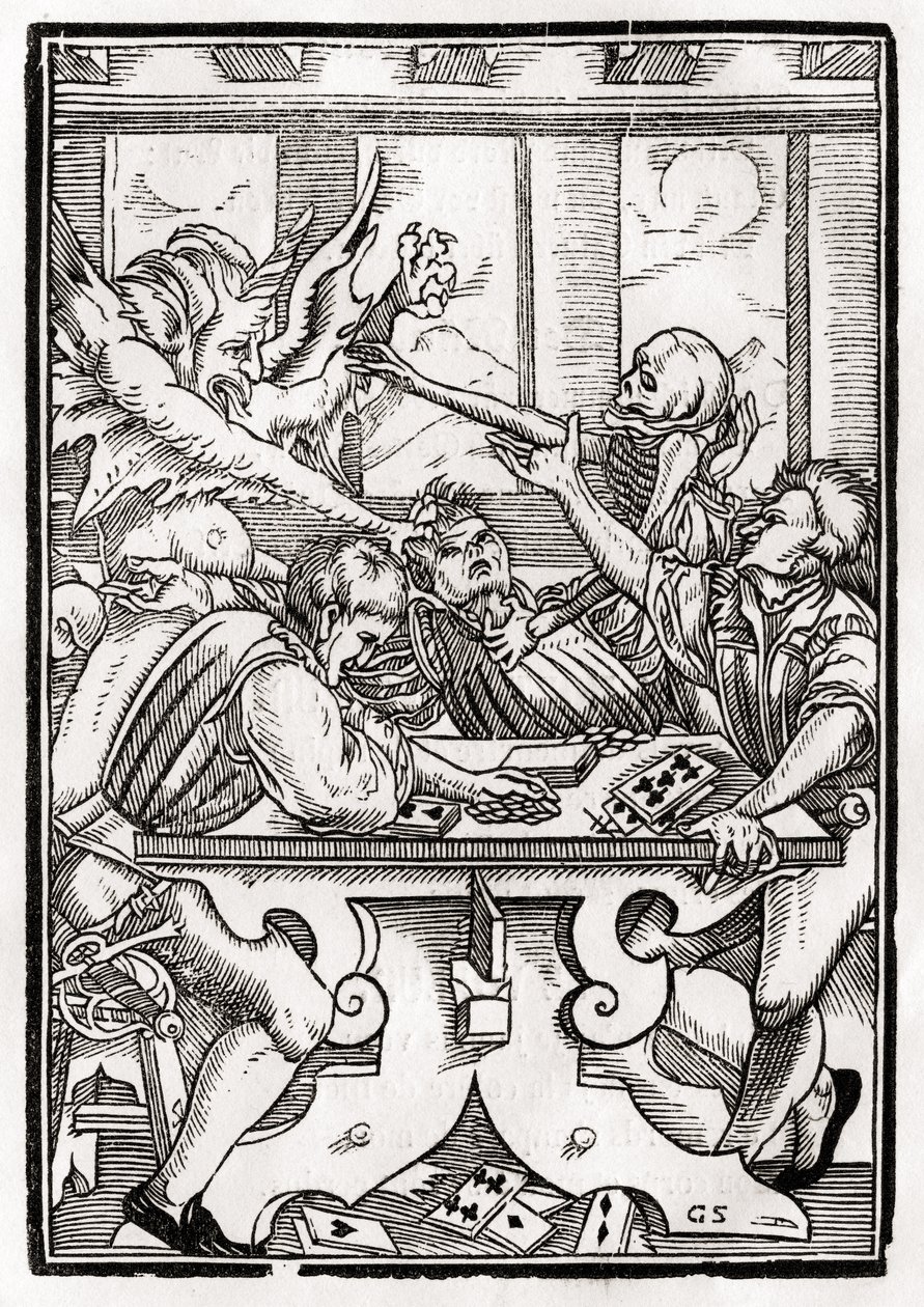 Śmierć i diabeł przychodzą po gracza w karty, grawerowane przez Georga Scharffenberga, z „Der Todten Tanz”, opublikowanej w Bazylei, 1843 autorstwa Hans Holbein der Jüngere