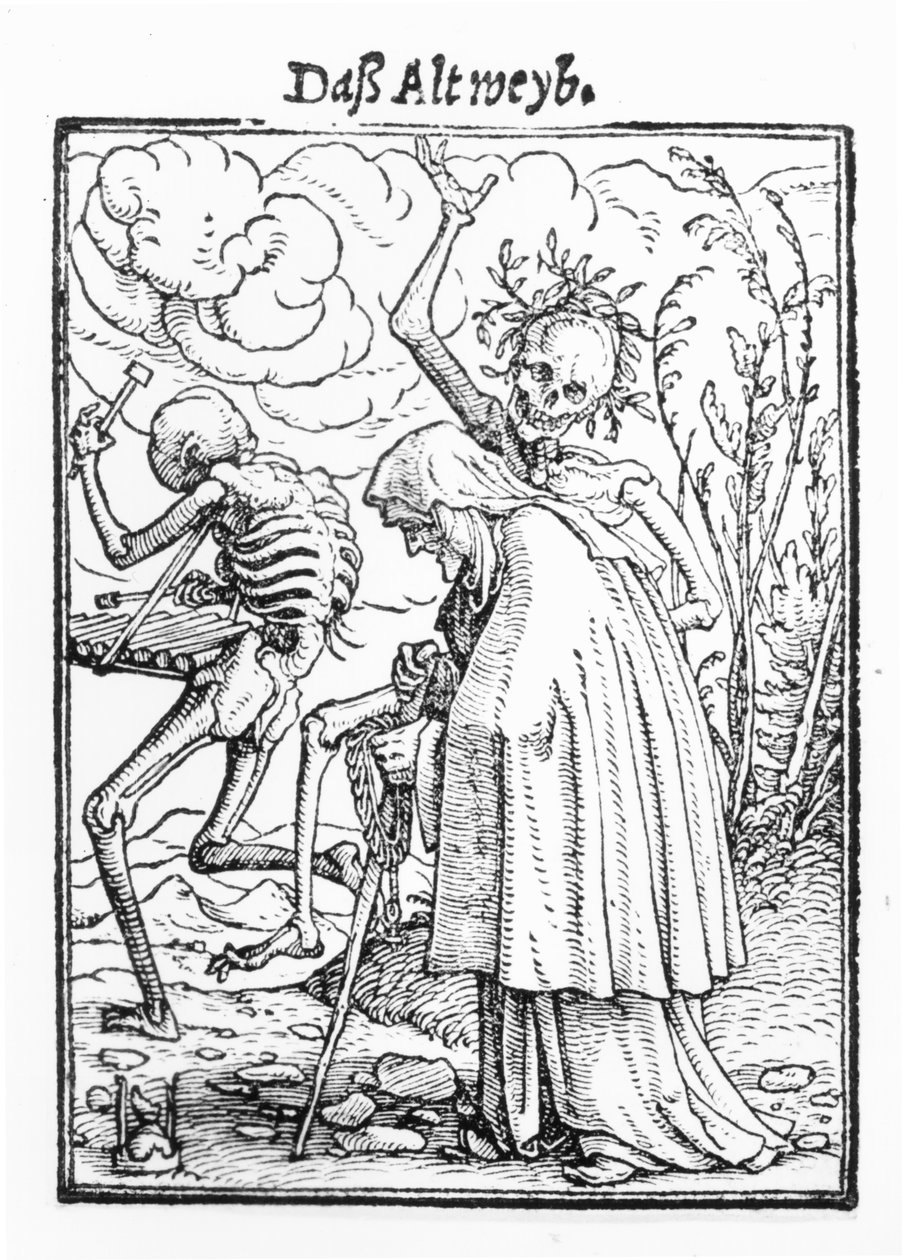 Śmierć i stara kobieta, z „Tańca śmierci”, sztychowany przez Hansa Lutzelburgera, ok. 1538 (drzewryt) (fot. bw) autorstwa Hans Holbein der Jüngere