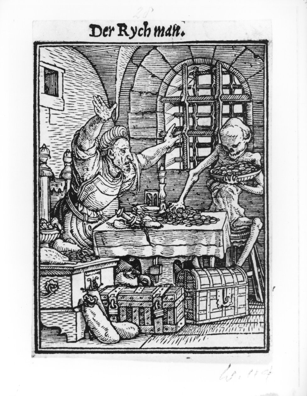 Śmierć i bogacz, z „Tańca śmierci”, rycina Hansa Lutzelburgera, ok. 1538 autorstwa Hans Holbein der Jüngere