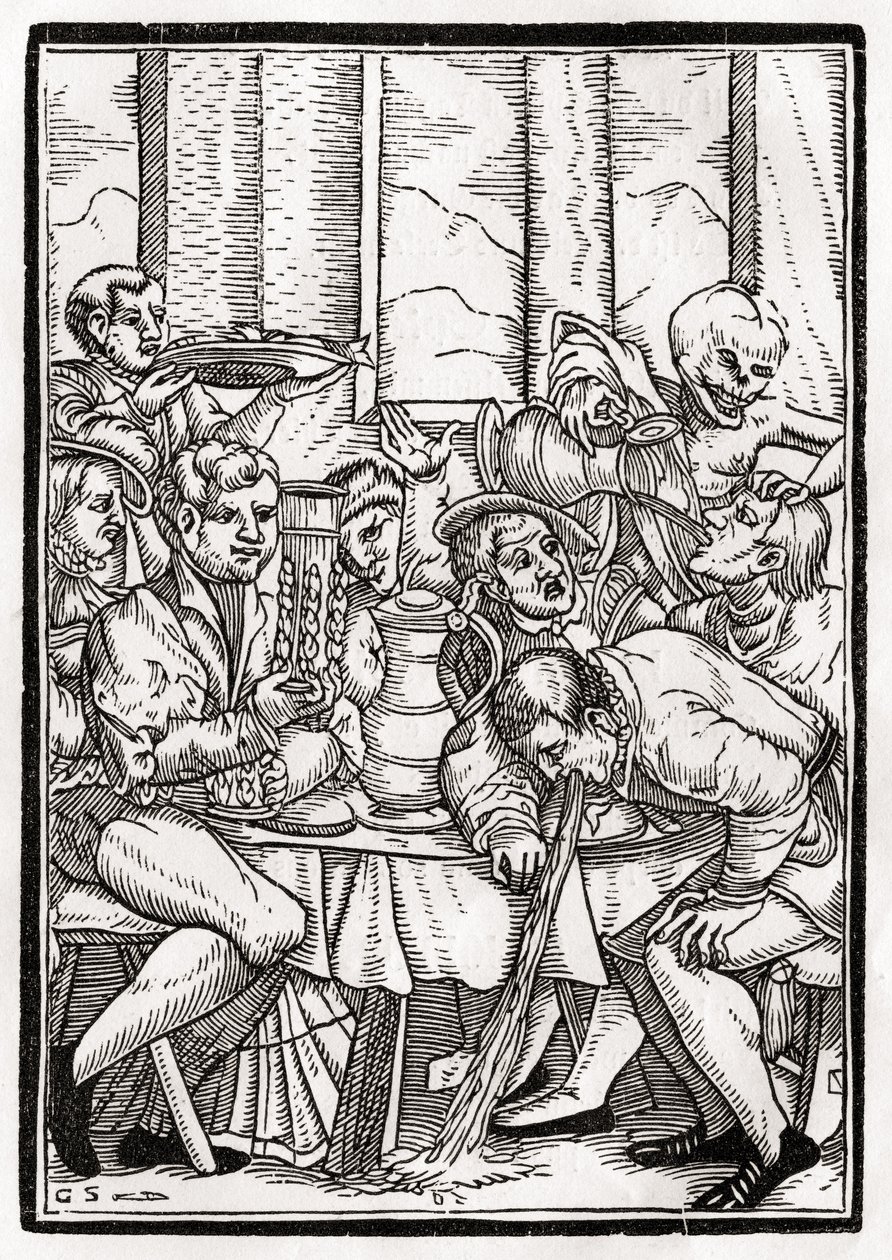 Śmierć przychodzi po pijaka, rytowany przez Georga Scharffenberga, z „Der Todten Tanz”, opublikowanej w Bazylei, 1843 autorstwa Hans Holbein der Jüngere