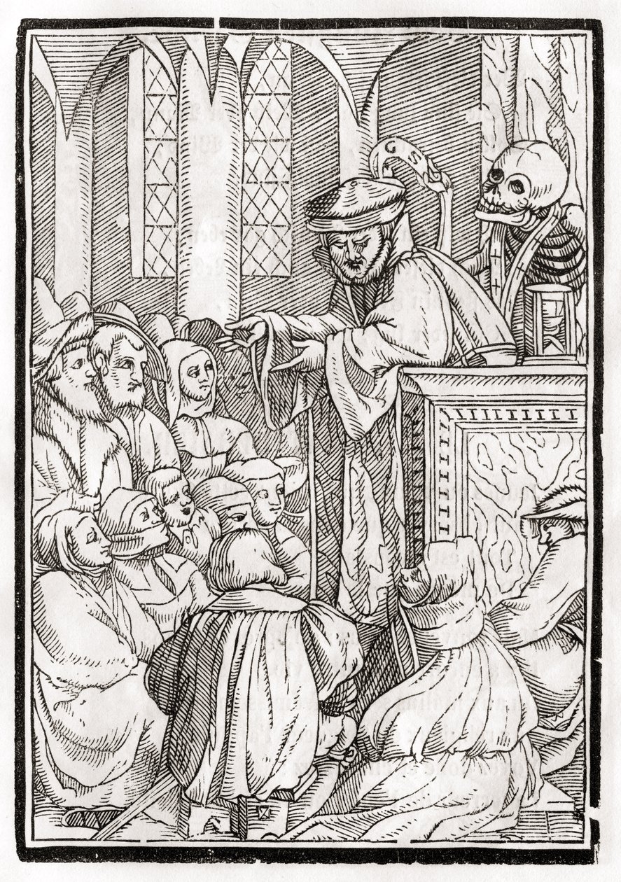 Śmierć przychodzi po Kaznodzieję, rytowany przez Georga Scharffenberga, z „Der Todten Tanz”, wyd. Bazylea, 1843 autorstwa Hans Holbein der Jüngere