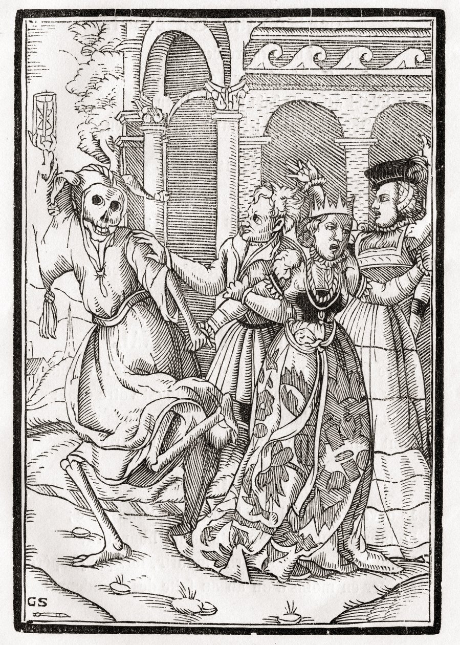 Śmierć nadchodzi dla królowej, rytowany przez Georga Scharffenberga, z „Der Todten Tanz”, wydanego w Bazylei, 1843 autorstwa Hans Holbein der Jüngere
