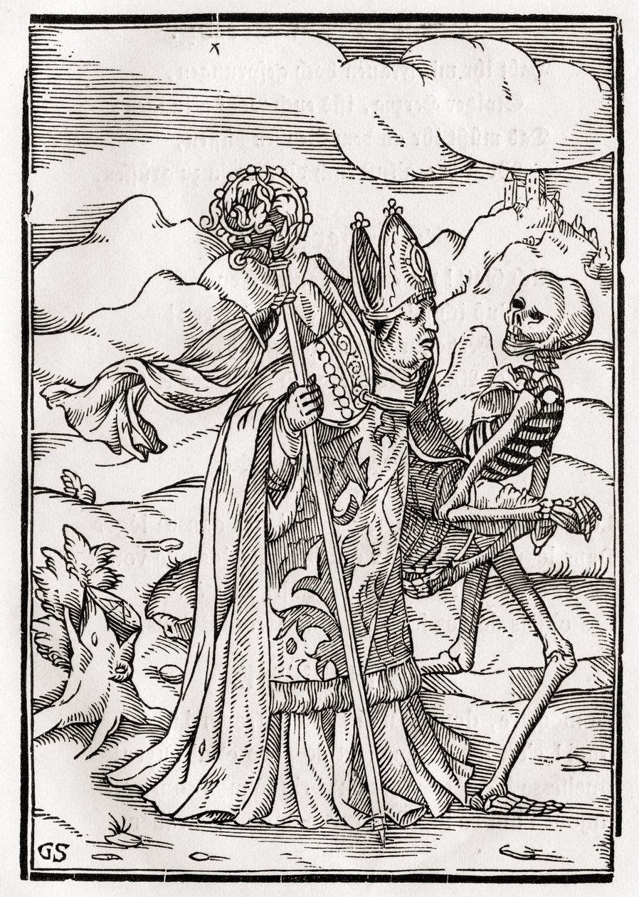 Śmierć przychodzi do biskupa, rytowany przez Georga Scharffenberga, z „Der Todten Tanz”, opublikowanej Bazylea, 1843 autorstwa Hans Holbein der Jüngere