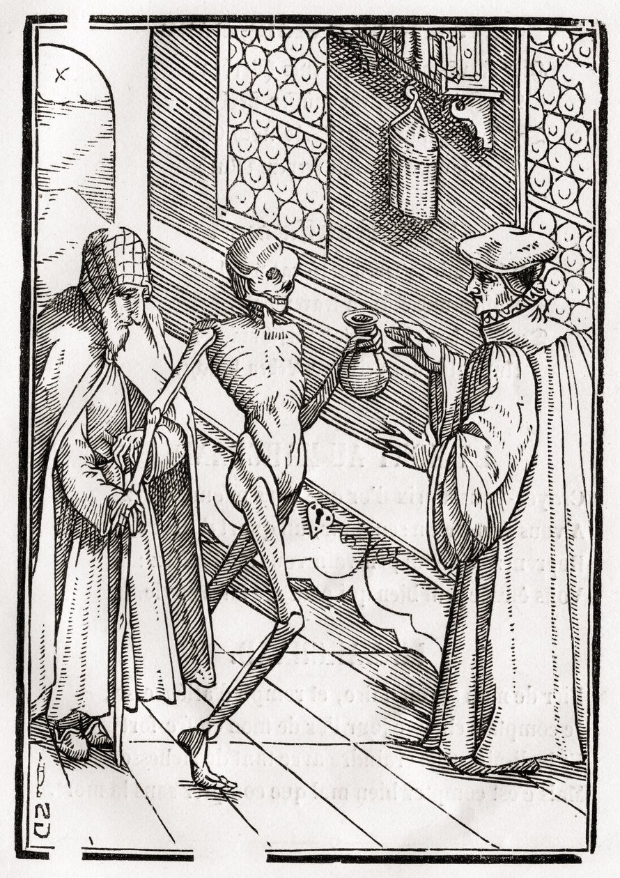 Śmierć przychodzi do Doktora, rytowany przez Georga Scharffenberga, z „Der Todten Tanz”, wyd. Bazylea, 1843 autorstwa Hans Holbein der Jüngere