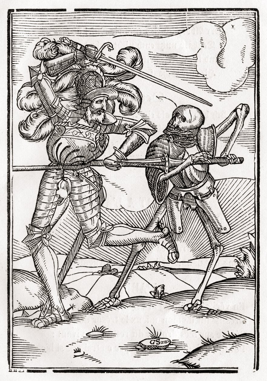 Śmierć przychodzi do rycerza lub hrabiego, z „Der Todten Tanz”, opublikowanej w Bazylei, 1843 r. autorstwa Hans Holbein der Jüngere