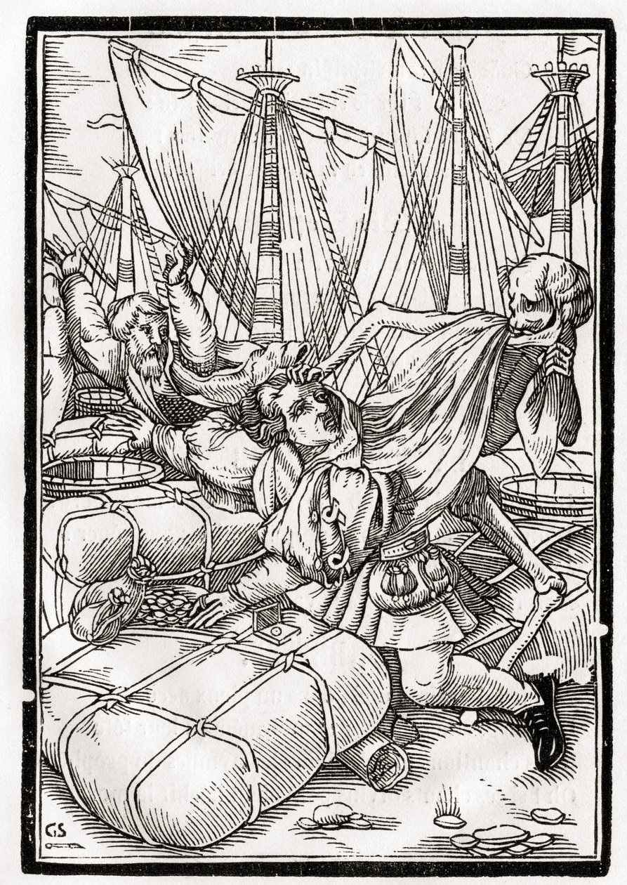 Śmierć przychodzi do kupca, rytowany przez Georga Scharffenberga, z „Der Todten Tanz”, wyd. Bazylea, 1843 autorstwa Hans Holbein der Jüngere