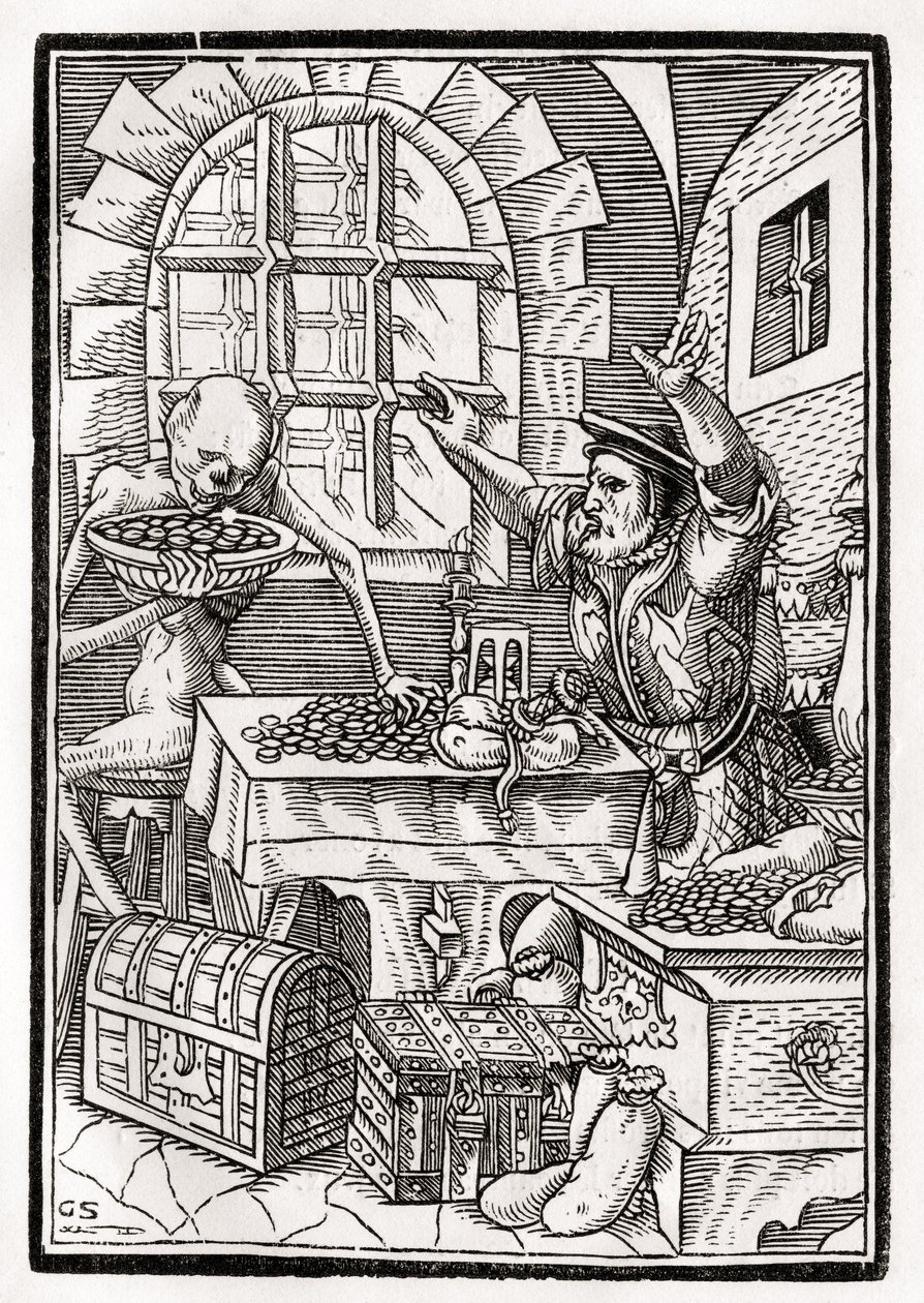 Śmierć przychodzi do skąpca lub lichwiarza, rytowany przez Georga Scharffenberga, z „Der Todten Tanz”, wyd. Bazylea, 1843 autorstwa Hans Holbein der Jüngere