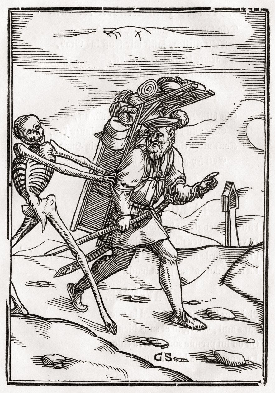 Śmierć przychodzi do Pedlara, rytowany przez Georga Scharffenberga, z „Der Todten Tanz”, opublikowanej w Bazylei, 1843 autorstwa Hans Holbein der Jüngere