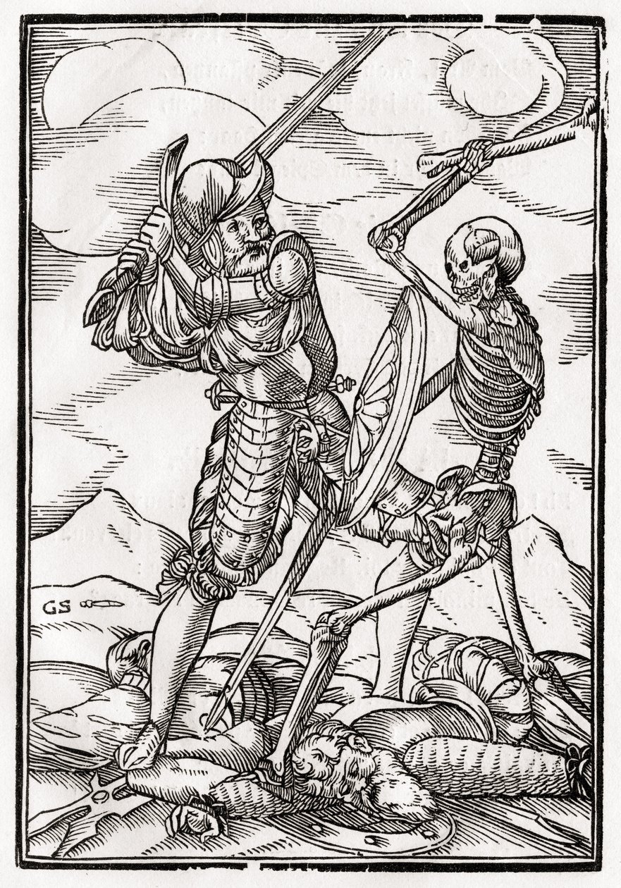 Śmierć przychodzi do Żołnierza, rytowany przez Georga Scharffenberga, z „Der Todten Tanz”, wyd. Bazylea, 1843 autorstwa Hans Holbein der Jüngere