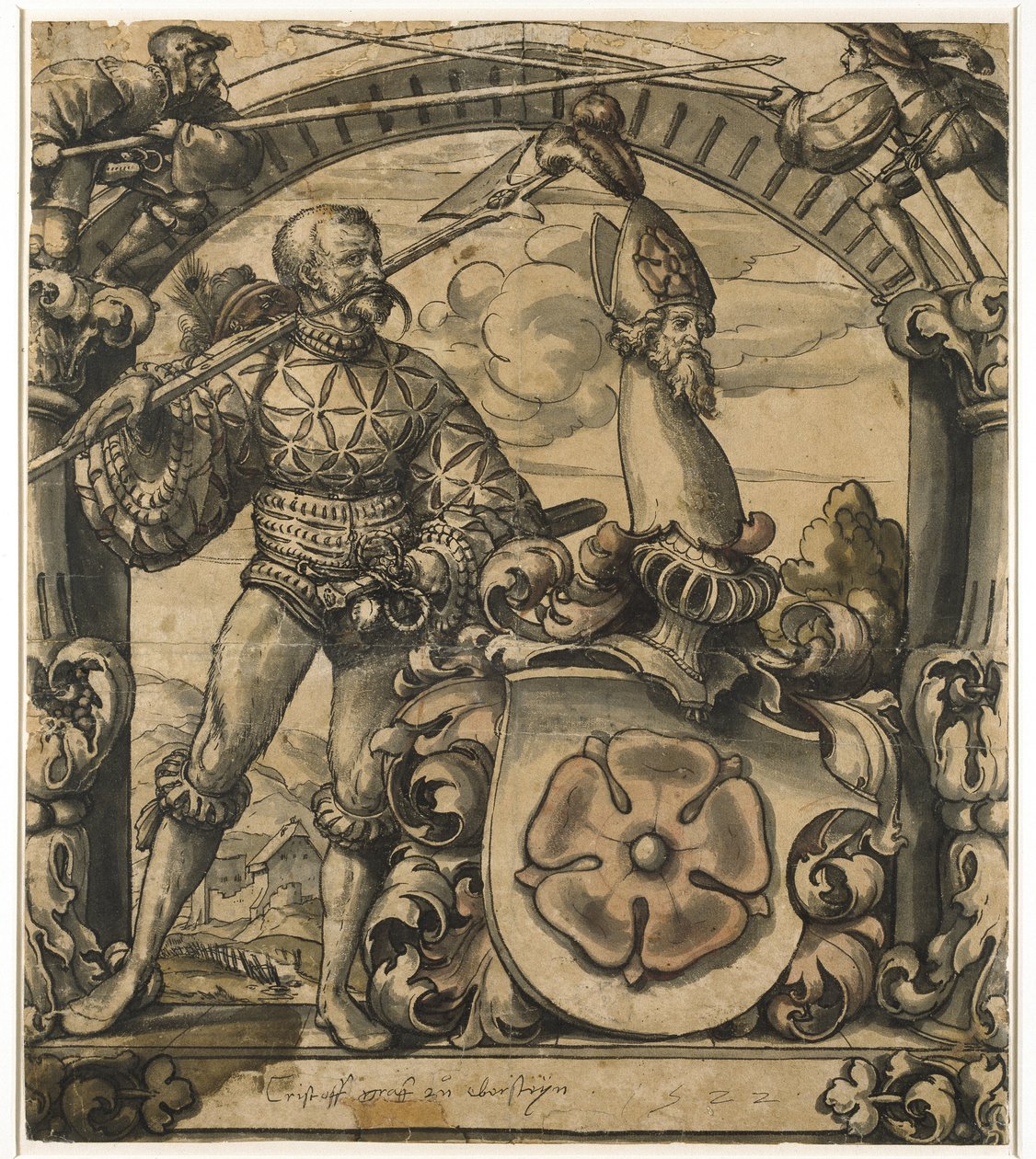 Projekt na tablicę heraldyczną witrażu, 1522 (pióro i czarny tusz z lawowaniem) autorstwa Hans Holbein der Jüngere